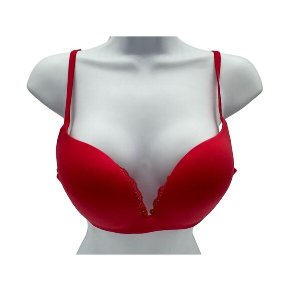 Victorias Secret Red Plunge Push-Up Bra Size 36B Sexy Lace Underwire Padded - Picture 1 of 7